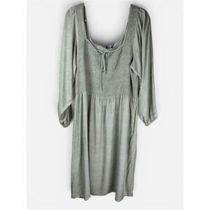 ABLE Smocked Midi Dress Womens 2X Sage Green Polka Dot Long Sleeve Pockets